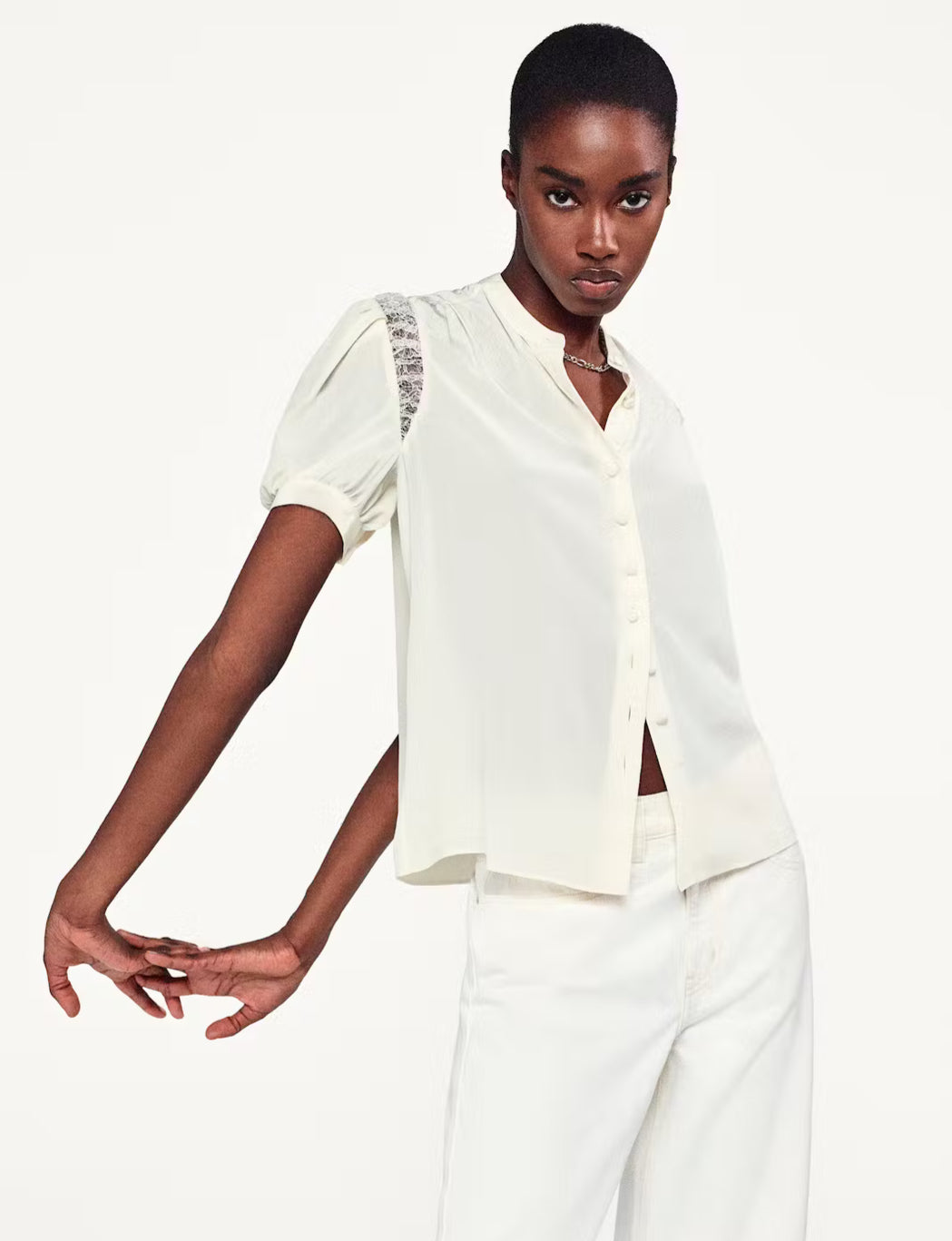 FRAME Lace Shoulder Inset Blouse Cream