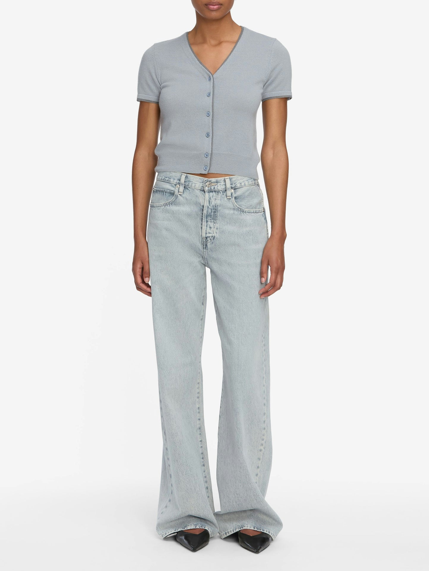 FRAME The Cashmere Mix Trim Cardi
in Grey Blue