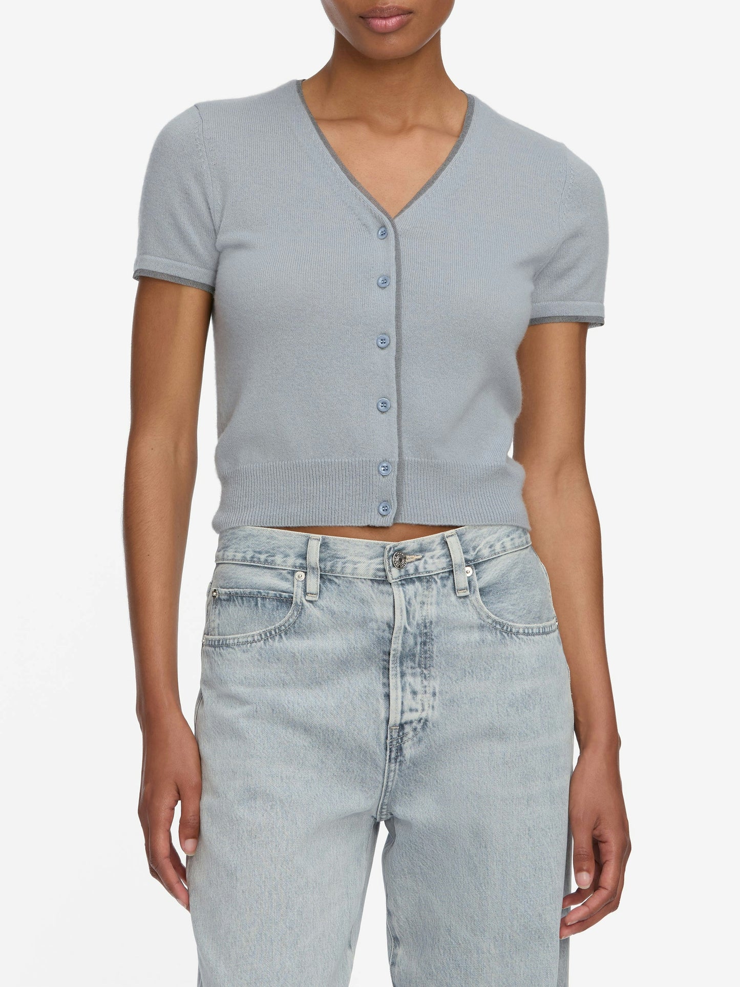 FRAME The Cashmere Mix Trim Cardi
in Grey Blue