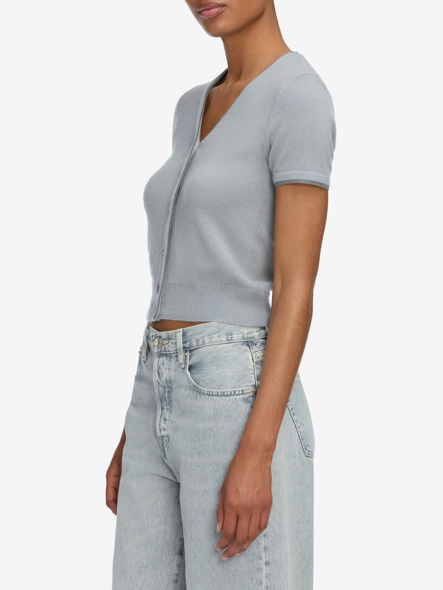 FRAME The Cashmere Mix Trim Cardi
in Grey Blue