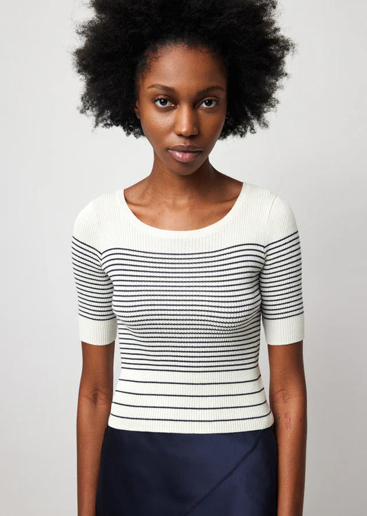 ATM Silk Cotton Blend Mixed Stripe Crew Neck Sweater - Chalk-Ink
