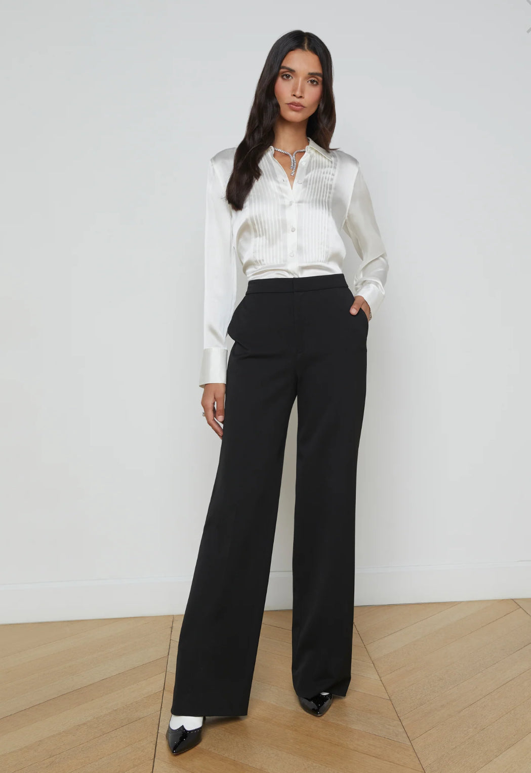 L’AGENCE Divya Pintuck Tux Shirt White