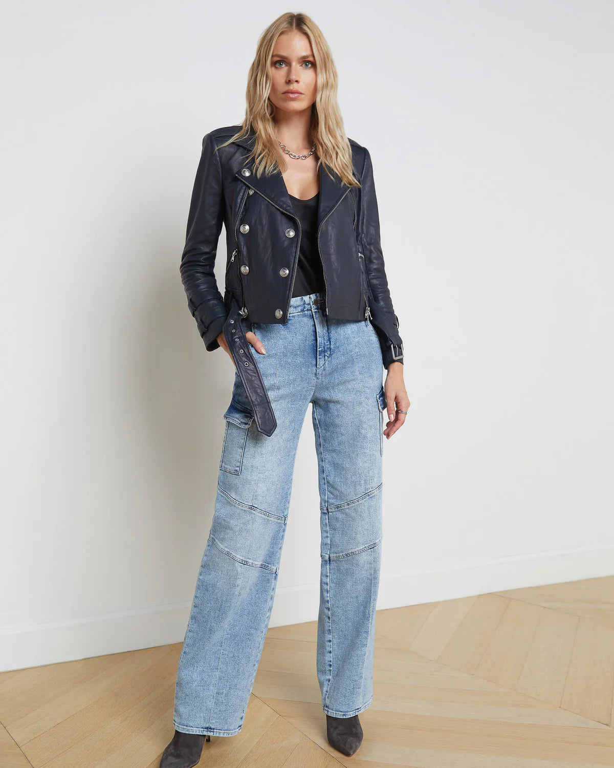 L’AGENCE Billie Belted Leather Jacket in Navy