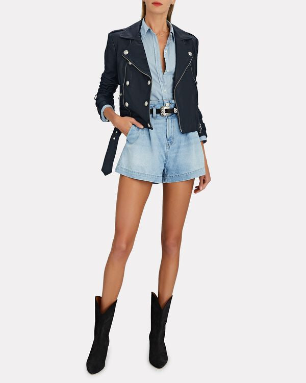 L’AGENCE Billie Belted Leather Jacket in Navy