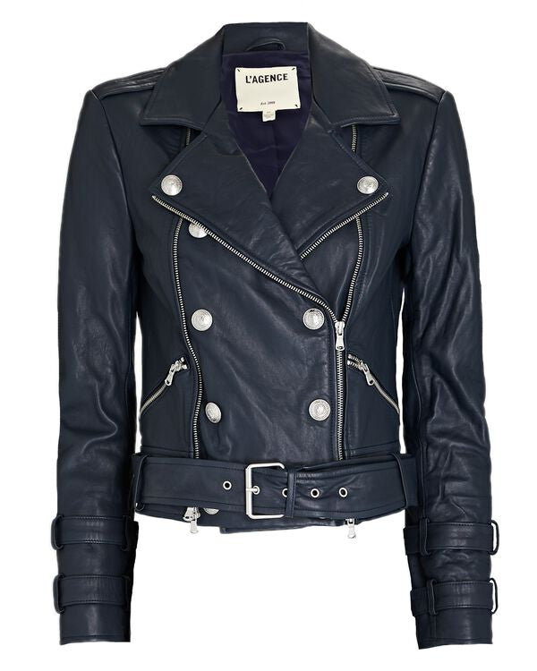 L’AGENCE Billie Belted Leather Jacket in Navy