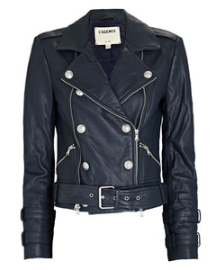 L’AGENCE Billie Belted Leather Jacket in Navy