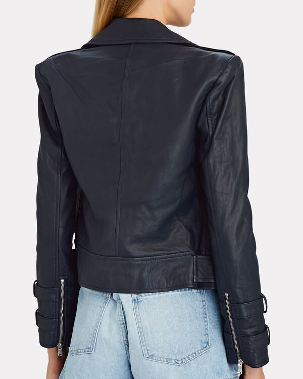 L’AGENCE Billie Belted Leather Jacket in Navy