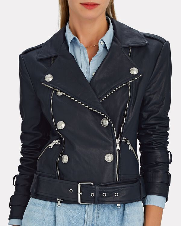 L’AGENCE Billie Belted Leather Jacket in Navy