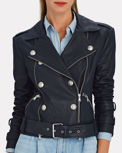 L’AGENCE Billie Belted Leather Jacket in Navy
