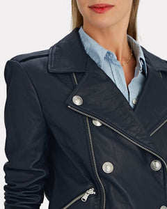 L’AGENCE Billie Belted Leather Jacket in Navy